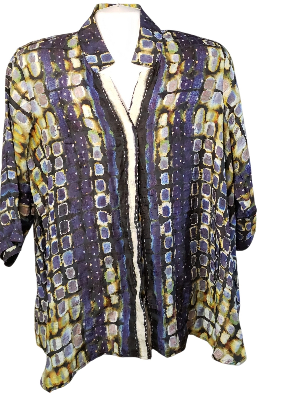 Dressori Women's Abstract Pattern Open-Front Women's Silk Top in Multi-Color